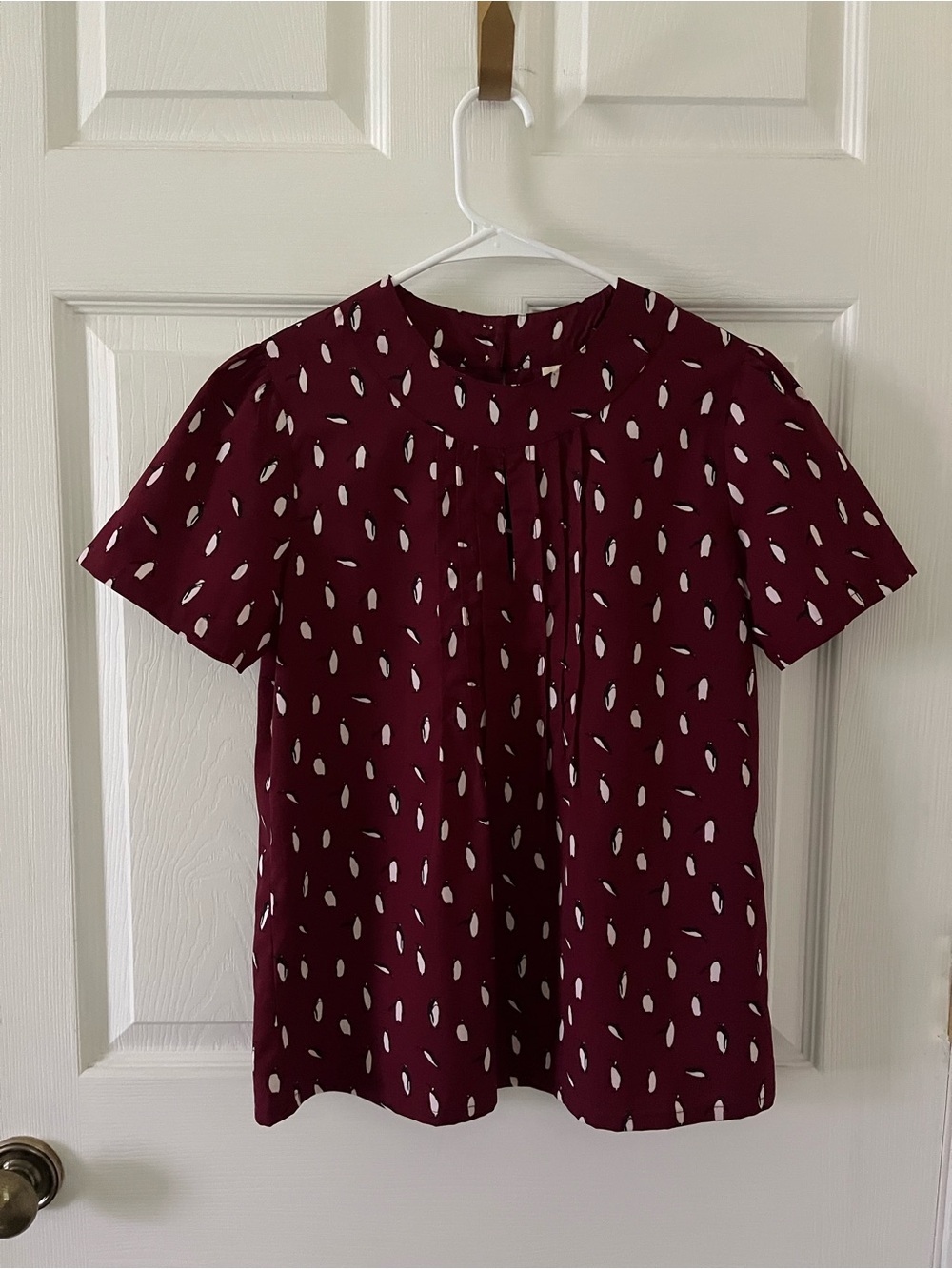 Circus Women's Burgundy Short-Sleeve Pleated Blouse with Penguin Accents